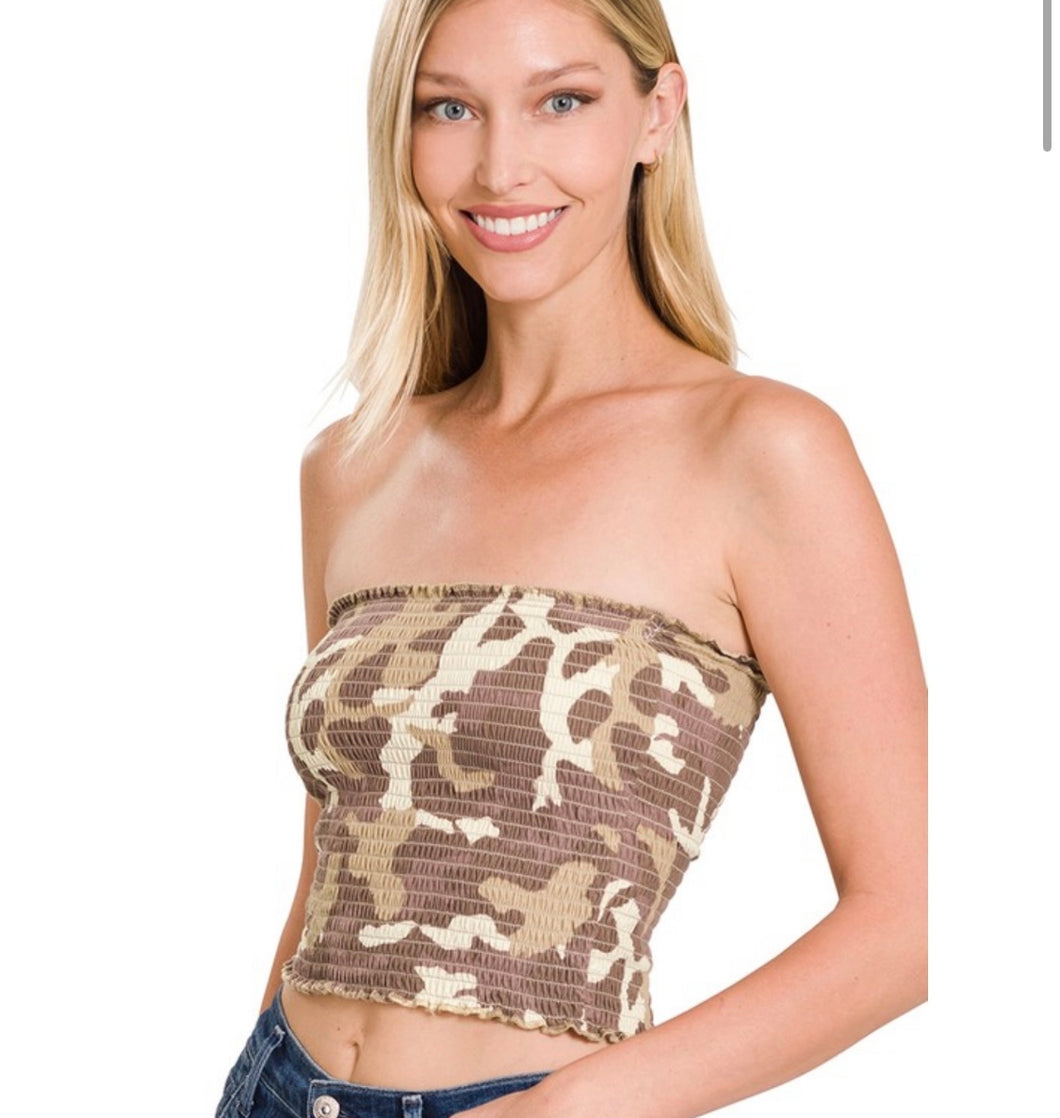 Brown Camo Smocked Tube Top