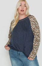 Load image into Gallery viewer, Denim Blue and Brown Leopard Raglan Blouse with Front Faux Knot.
