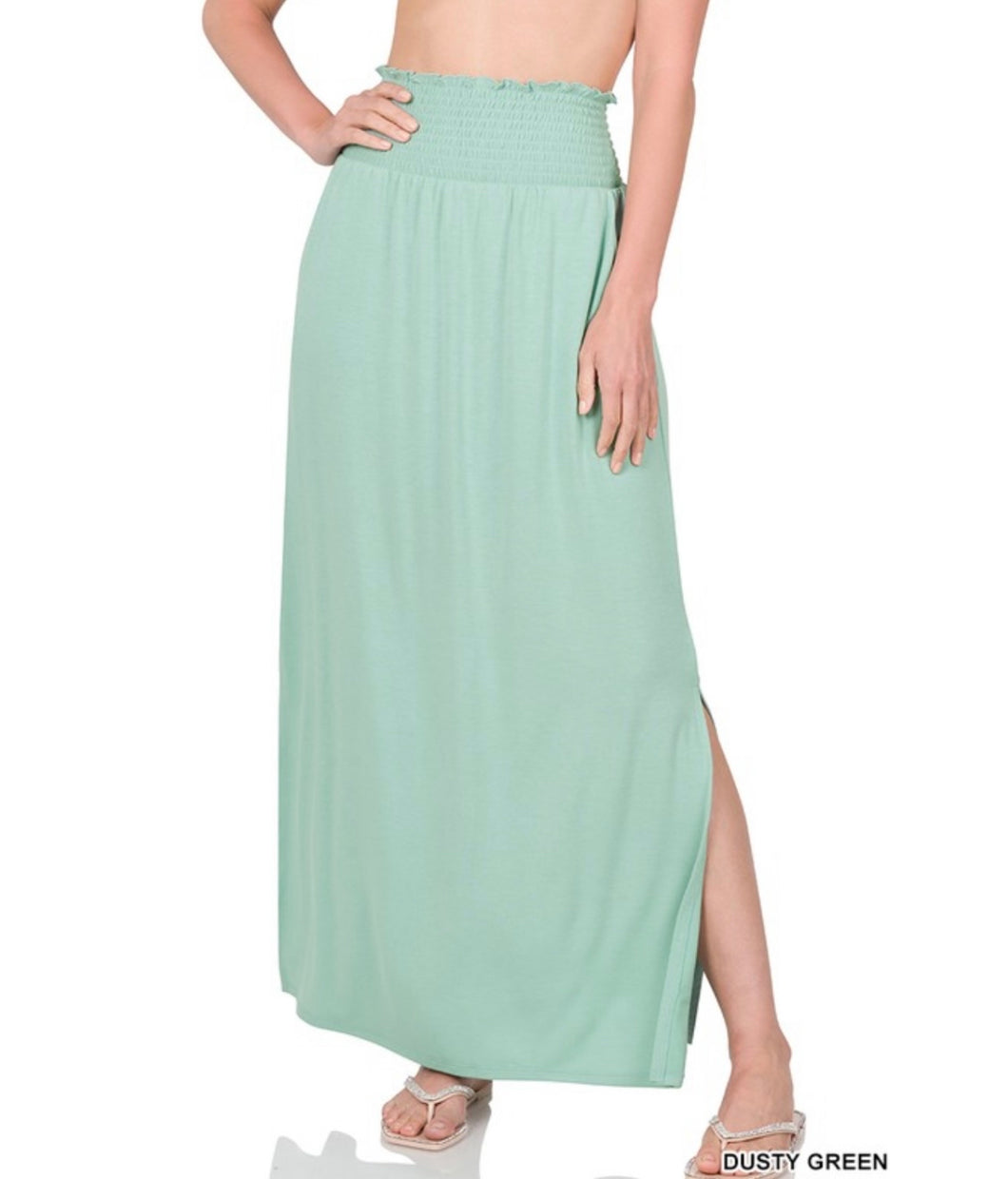 Mint Smocked Waist Maxi Skirt with Side Slits