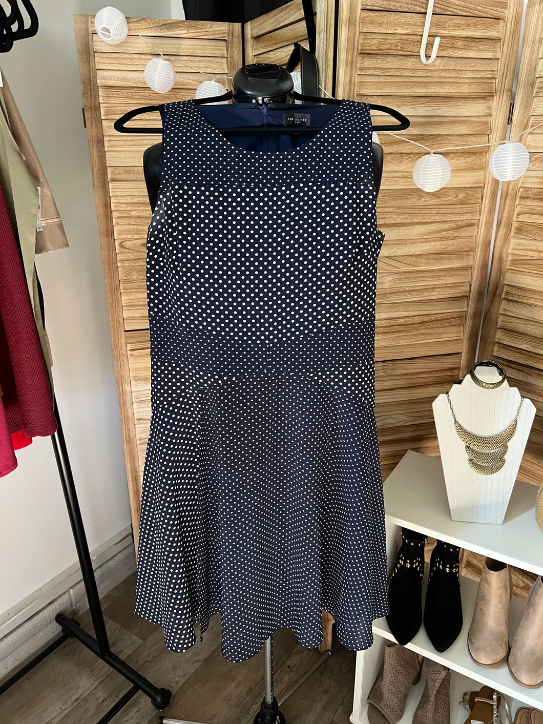 Limited Navy Chiffon Dress with White Polka Dots (Size 10)