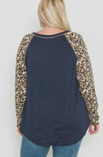 Load image into Gallery viewer, Denim Blue and Brown Leopard Raglan Blouse with Front Faux Knot.
