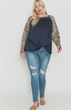 Load image into Gallery viewer, Denim Blue and Brown Leopard Raglan Blouse with Front Faux Knot.
