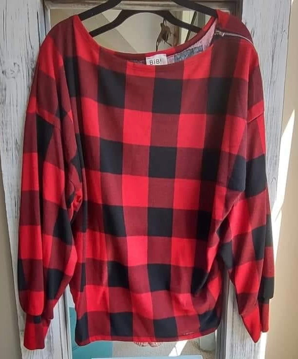 Buffalo Check Dolman Blouse with Shoulder Zipper