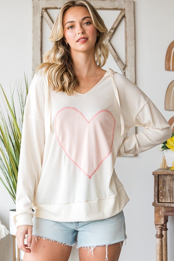 Cream Heart Patch Hooded Blouse