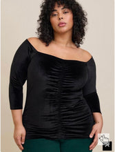 Load image into Gallery viewer, Torrid Black Stretch Velvet Top with Rouching
