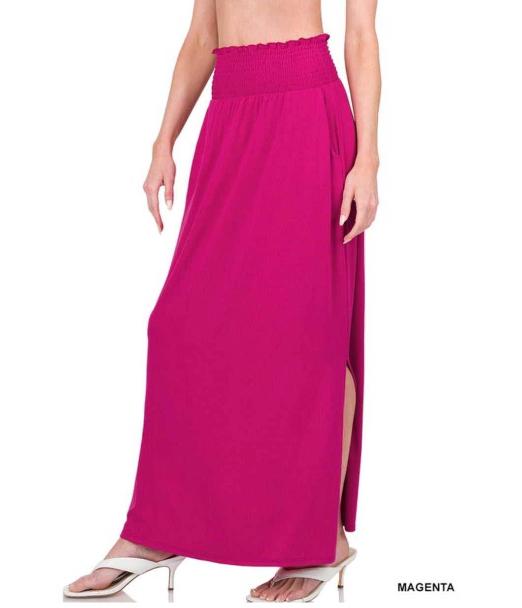 Pink Smocked Waist Side Slit Maxi Skirt