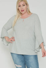 Load image into Gallery viewer, Gray/White Ribbed Blouse with 3/4 Bell Sleeve and Teardrop Front Cutout
