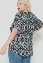 Load image into Gallery viewer, Black/White Tie Dye Patterned Blouse with Criss Cross Front detail and Half Ruffled Sleeve
