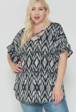 Load image into Gallery viewer, Black/White Tie Dye Patterned Blouse with Criss Cross Front detail and Half Ruffled Sleeve
