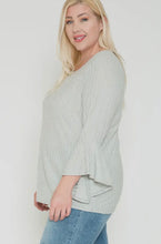 Load image into Gallery viewer, Gray/White Ribbed Blouse with 3/4 Bell Sleeve and Teardrop Front Cutout
