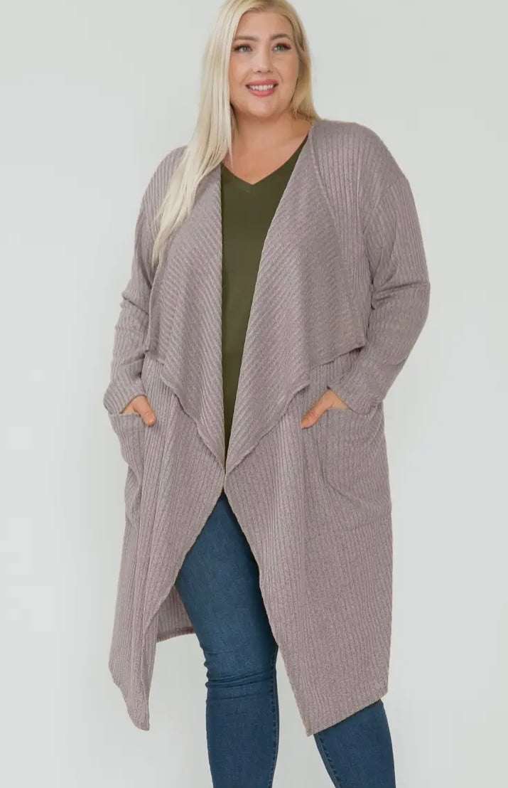 Taupe Ribbed Drape-front Cardigan