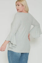 Load image into Gallery viewer, Gray/White Ribbed Blouse with 3/4 Bell Sleeve and Teardrop Front Cutout
