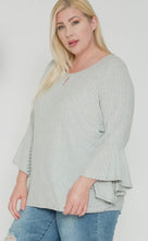 Load image into Gallery viewer, Gray/White Ribbed Blouse with 3/4 Bell Sleeve and Teardrop Front Cutout
