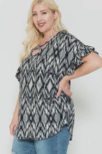 Load image into Gallery viewer, Black/White Tie Dye Patterned Blouse with Criss Cross Front detail and Half Ruffled Sleeve
