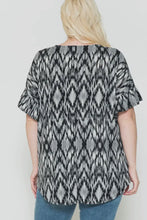 Load image into Gallery viewer, Black/White Tie Dye Patterned Blouse with Criss Cross Front detail and Half Ruffled Sleeve
