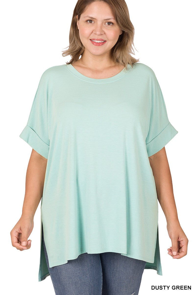 Dusty Mint Tee with Cuffed Sleeve & Side Slits