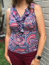 Load image into Gallery viewer, Ralph Lauren Red White Blue Paisley Print Tank with Ruffle Neckline (XS)
