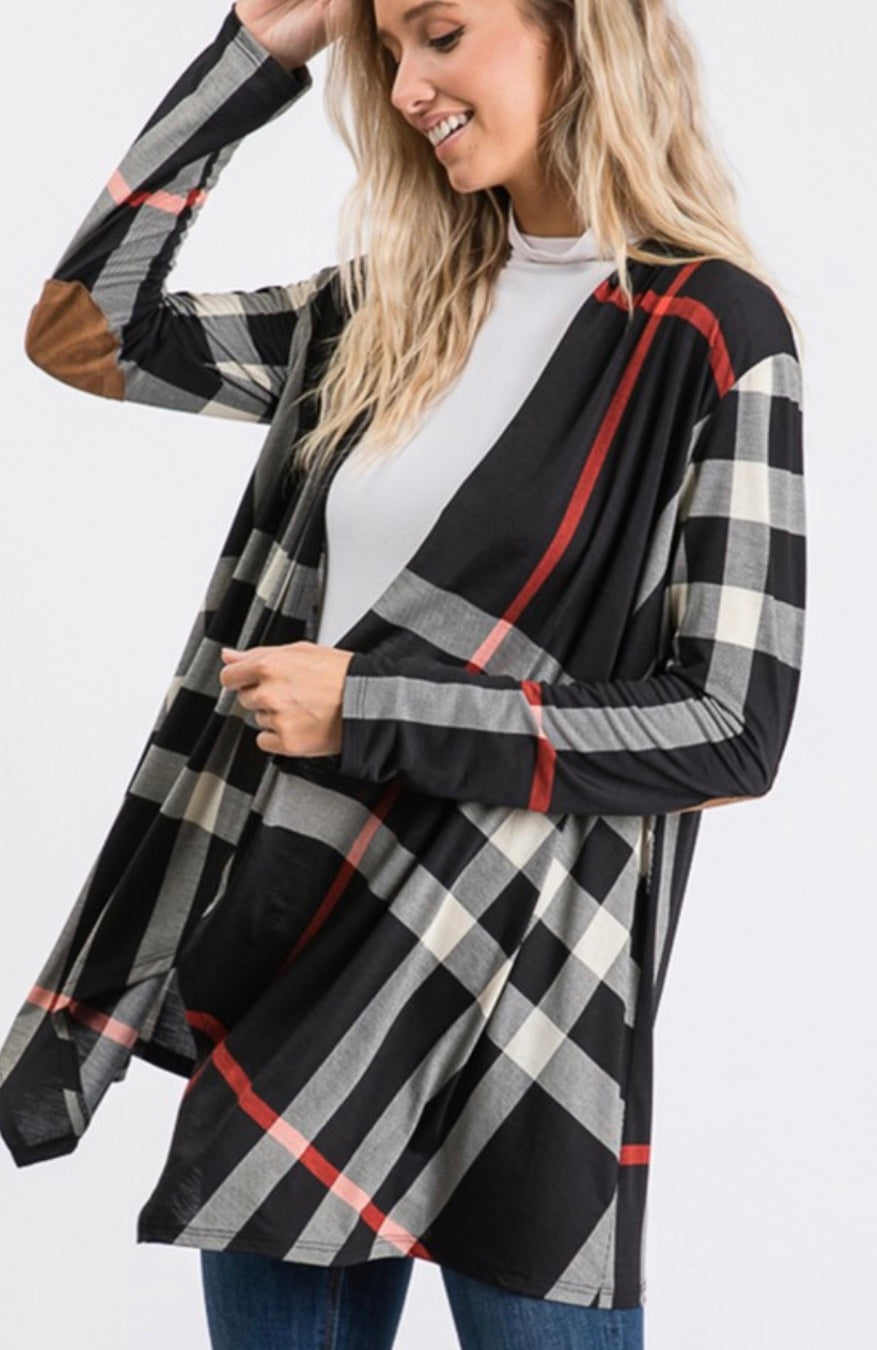 Black Plaid Drape Front Cardigan