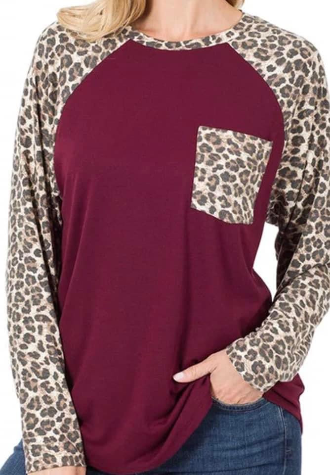 Leopard Burgundy Baseball Style Top