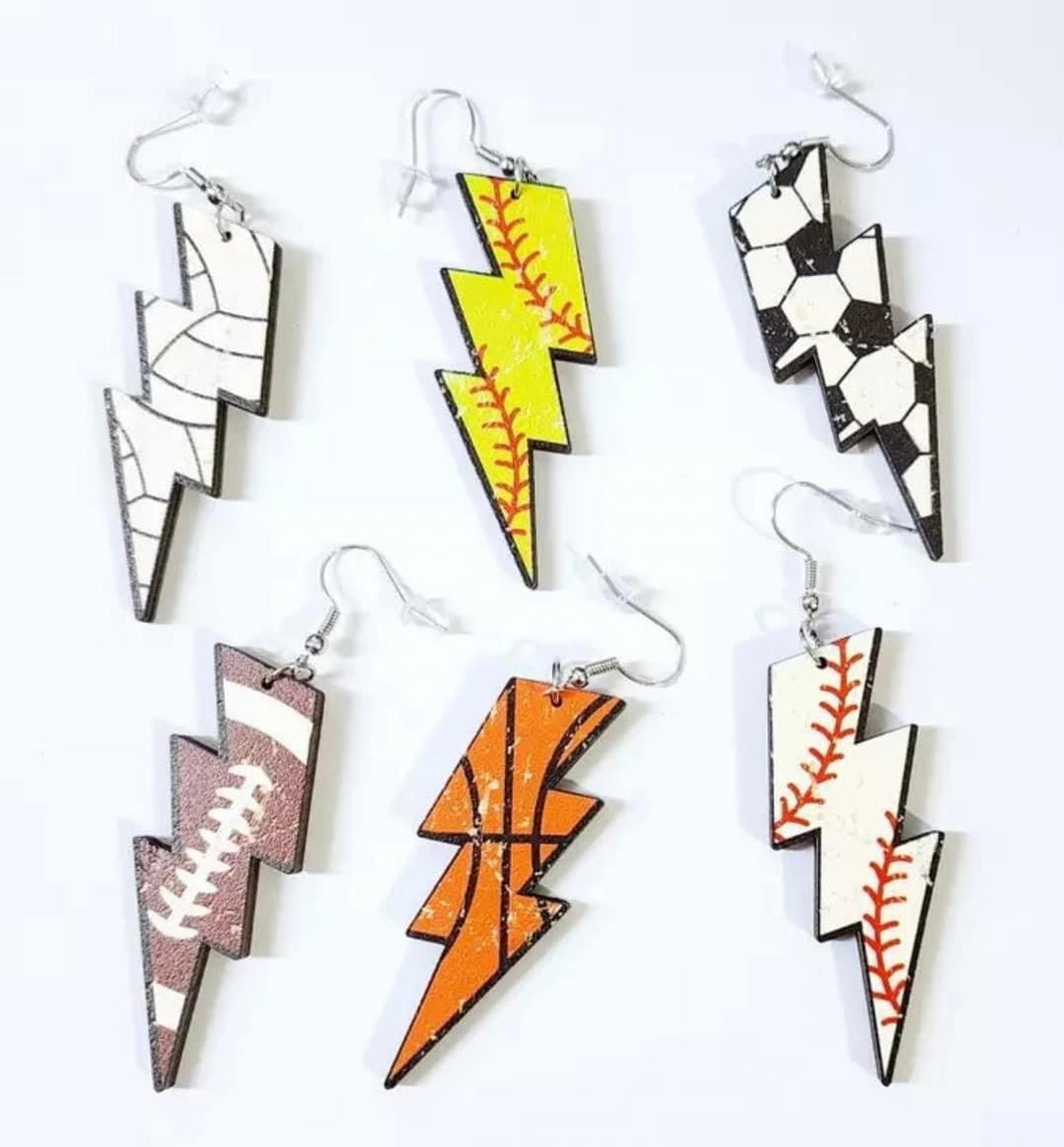 Sports Lightening Bolt Wooden Earrings